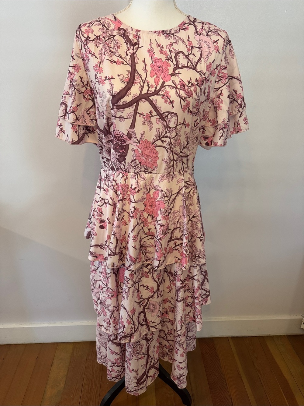 SHEIN Pink and Cream Floral Tiered High-Low Dress